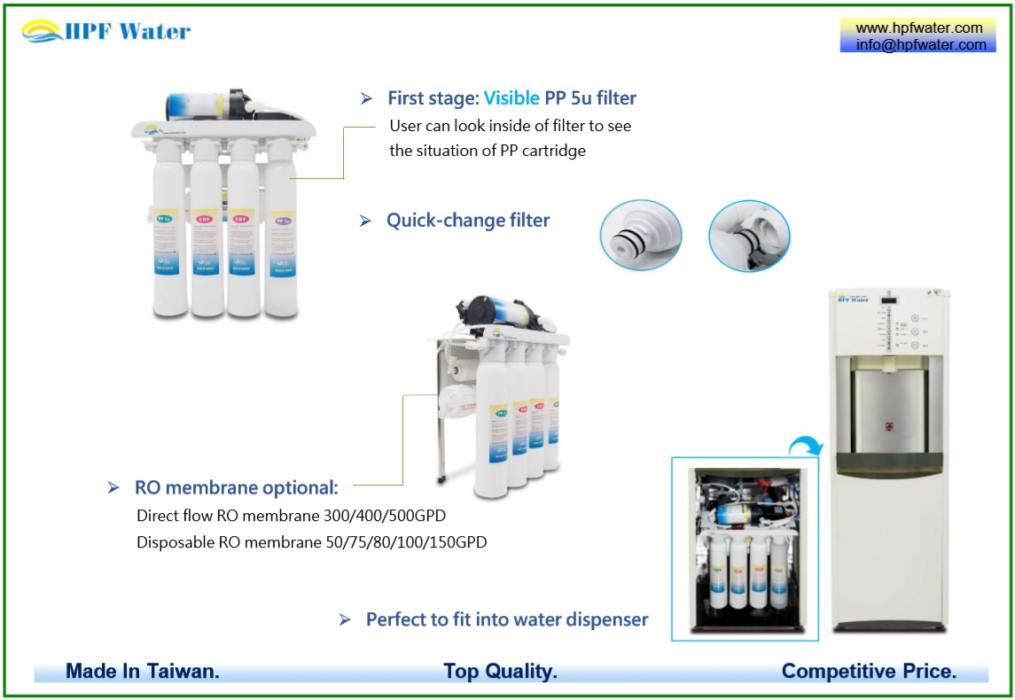 Traditional RO appliance with Quick-change visible Filter meets NSF requirements made in Taiwan, perfect to fit water dispenser.